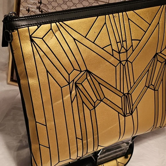 MCM Gold & Black Pvc Leather Clutch/Geometric Laptop Pouch - Picture 3 of 15